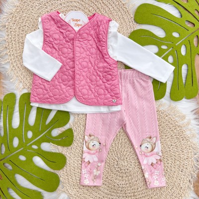 Conj. Colete Puffer Flores, Blusa Raposa Fadinha e Calça Legging - Pink e Off White